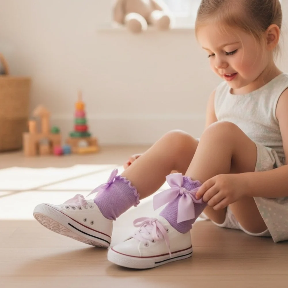 Kids purple Knee Highs Satin Bows Socks